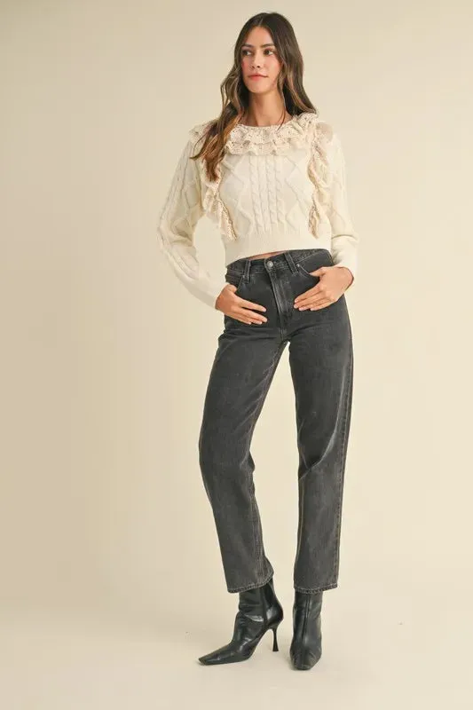 Cream Cable Knit Sweater with Lace Crochet Ruffle Detail