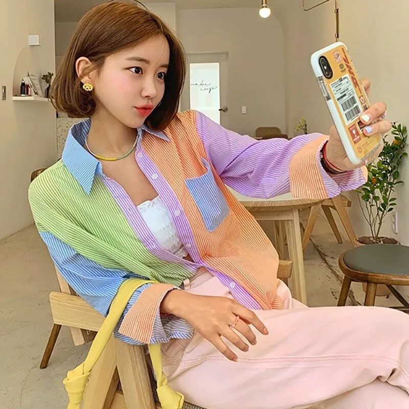 deanwangkt Summer Women Fashion Hit Color Striped Long Sleeve Casual Shirts  Female Turn Down Collar Chic Casual Blouses Top