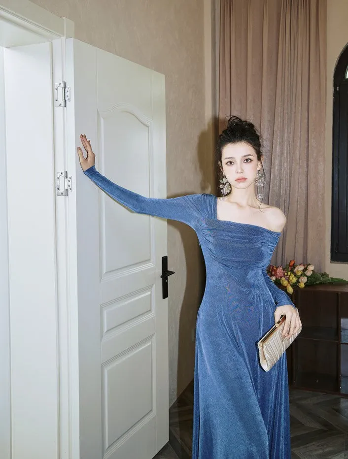 DOLLY Luxury Fog Blue Pleated Off Shoulder Slant Collar Long Sleeve Banquet Dress-MAYA