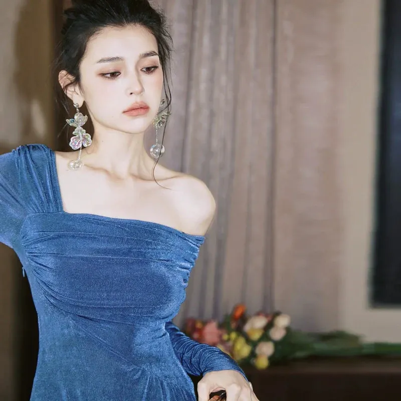 DOLLY Luxury Fog Blue Pleated Off Shoulder Slant Collar Long Sleeve Banquet Dress-MAYA