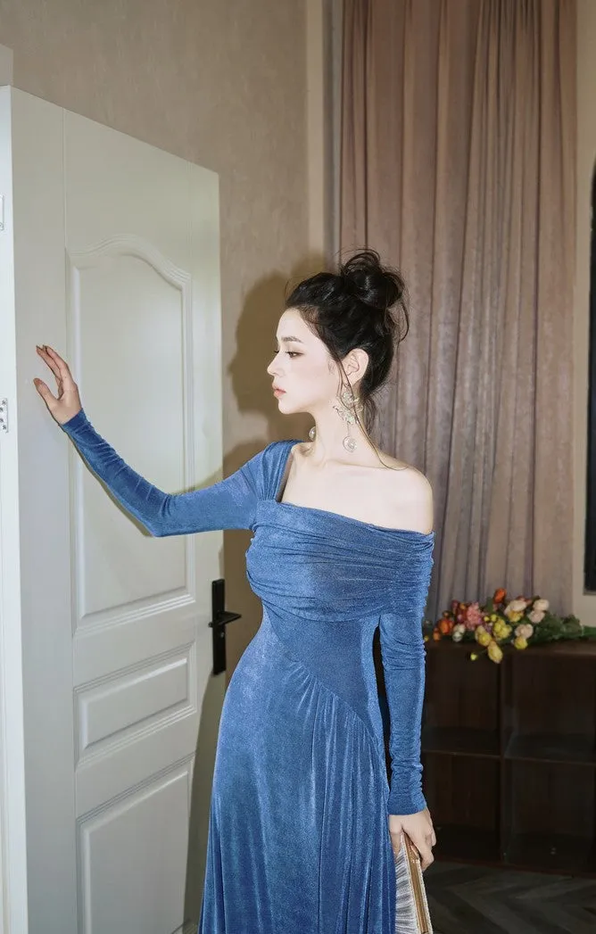 DOLLY Luxury Fog Blue Pleated Off Shoulder Slant Collar Long Sleeve Banquet Dress-MAYA