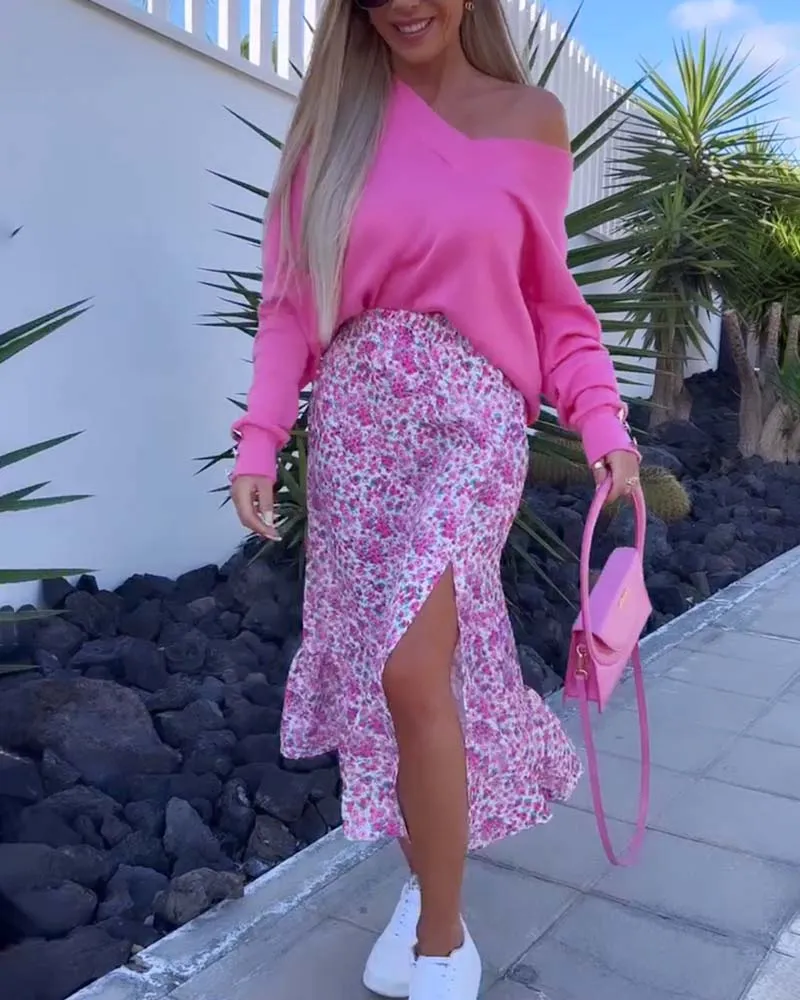 Elegant slit floral print skirt