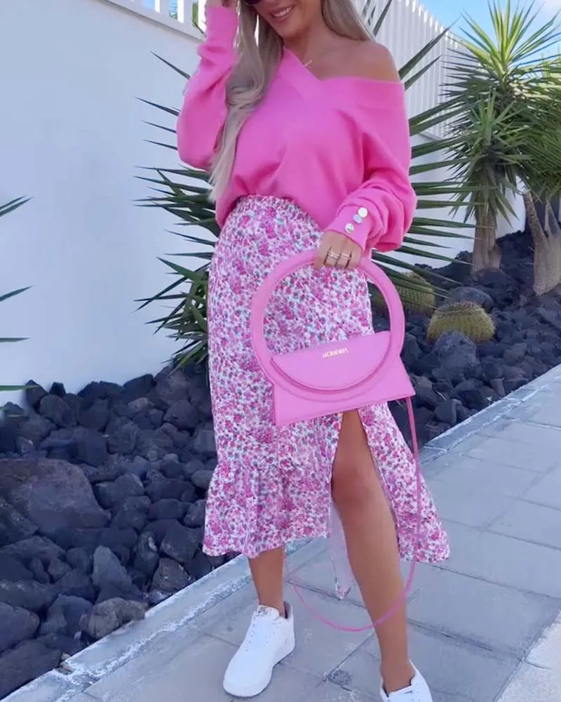 Elegant slit floral print skirt