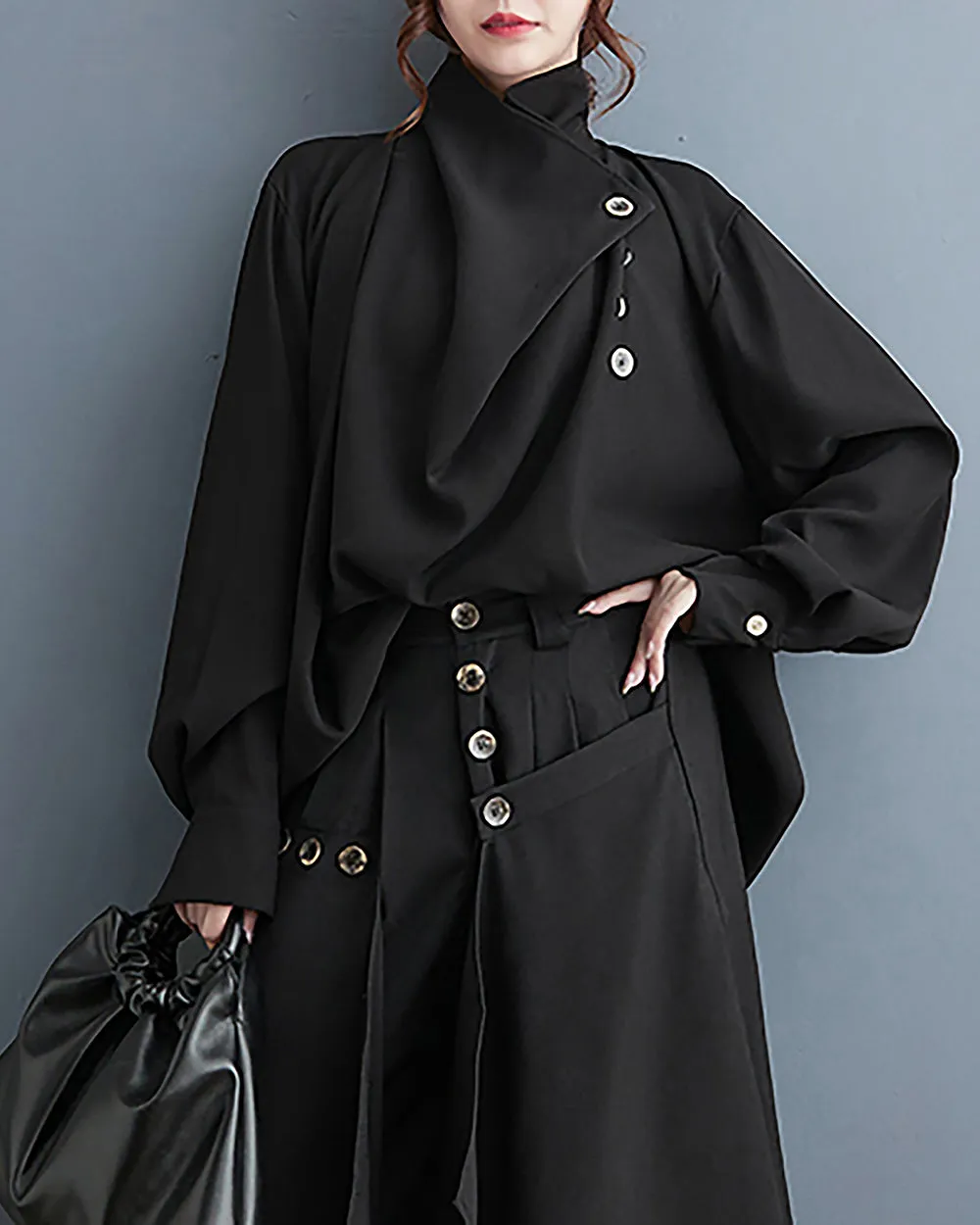 ellazhu Women's Coat Button Down Long Sleeve Pile Collar Flowy Hem Solid Loose Oversize Top GZ266