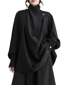 ellazhu Women's Coat Button Down Long Sleeve Pile Collar Flowy Hem Solid Loose Oversize Top GZ266