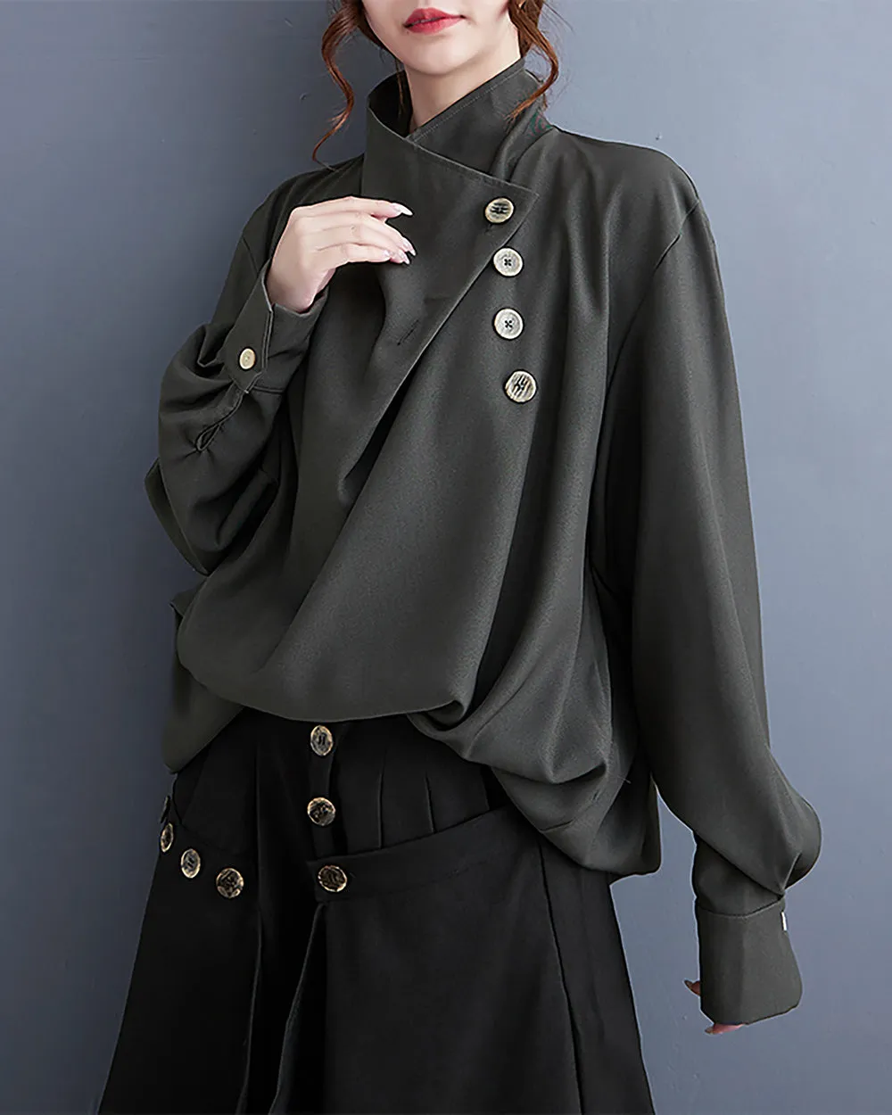 ellazhu Women's Coat Button Down Long Sleeve Pile Collar Flowy Hem Solid Loose Oversize Top GZ266