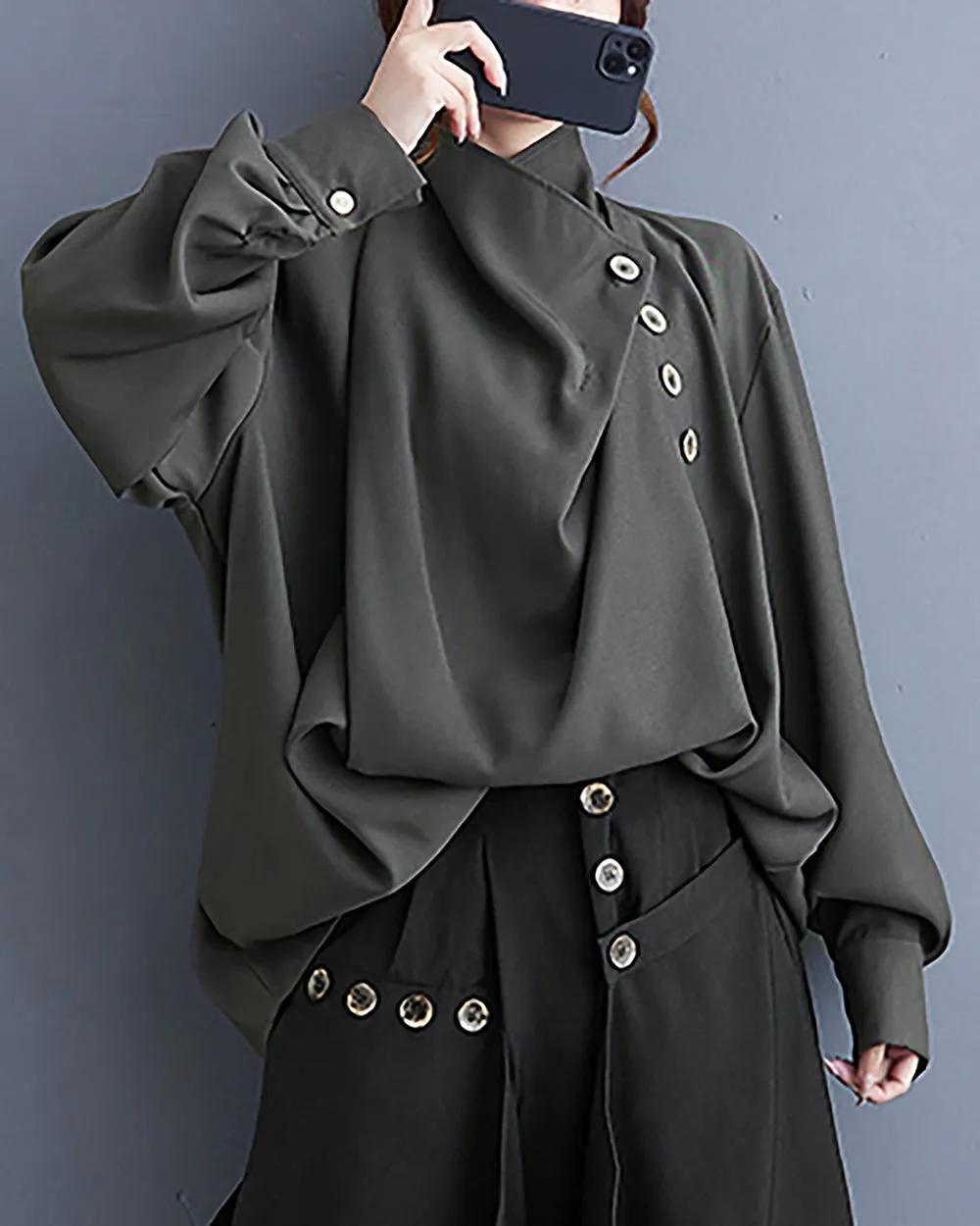 ellazhu Women's Coat Button Down Long Sleeve Pile Collar Flowy Hem Solid Loose Oversize Top GZ266