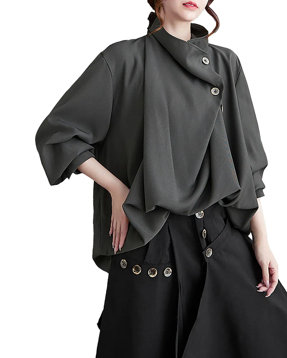 ellazhu Women's Coat Button Down Long Sleeve Pile Collar Flowy Hem Solid Loose Oversize Top GZ266