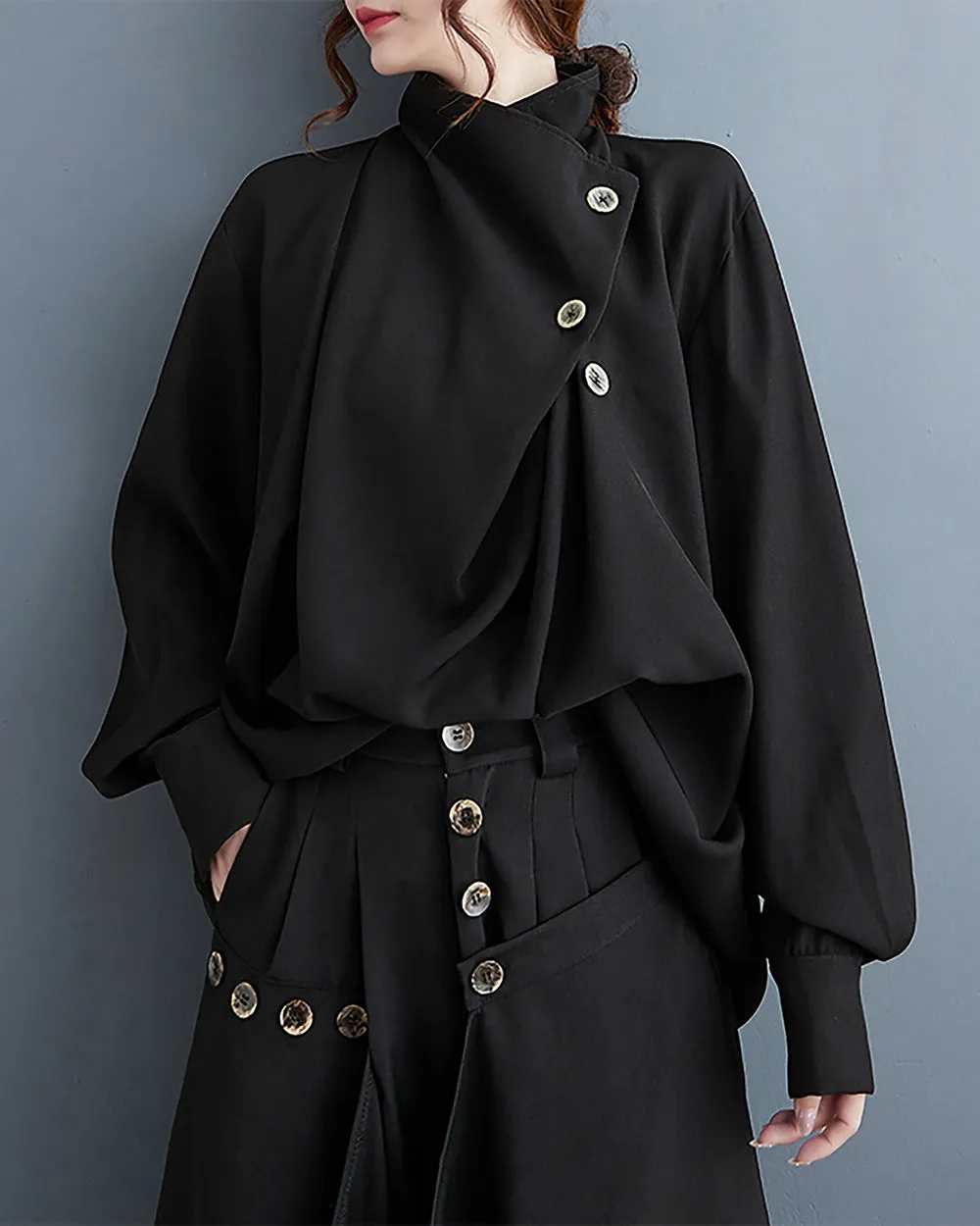 ellazhu Women's Coat Button Down Long Sleeve Pile Collar Flowy Hem Solid Loose Oversize Top GZ266