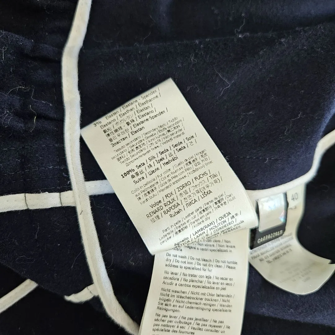 Fendi Fox Fur Collar Coat in Navy Blue Lana Vergine