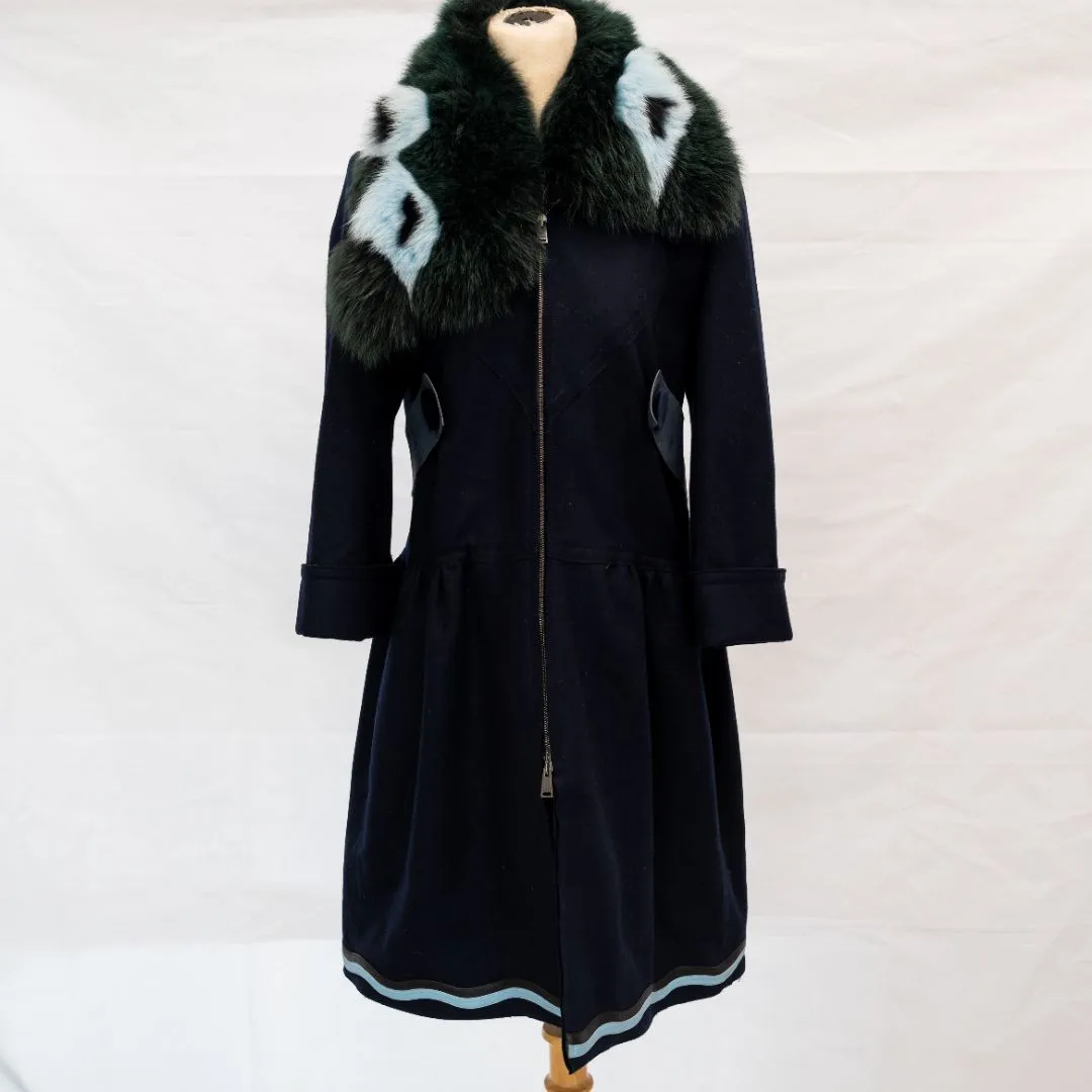 Fendi Fox Fur Collar Coat in Navy Blue Lana Vergine
