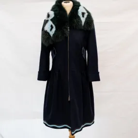 Fendi Fox Fur Collar Coat in Navy Blue Lana Vergine