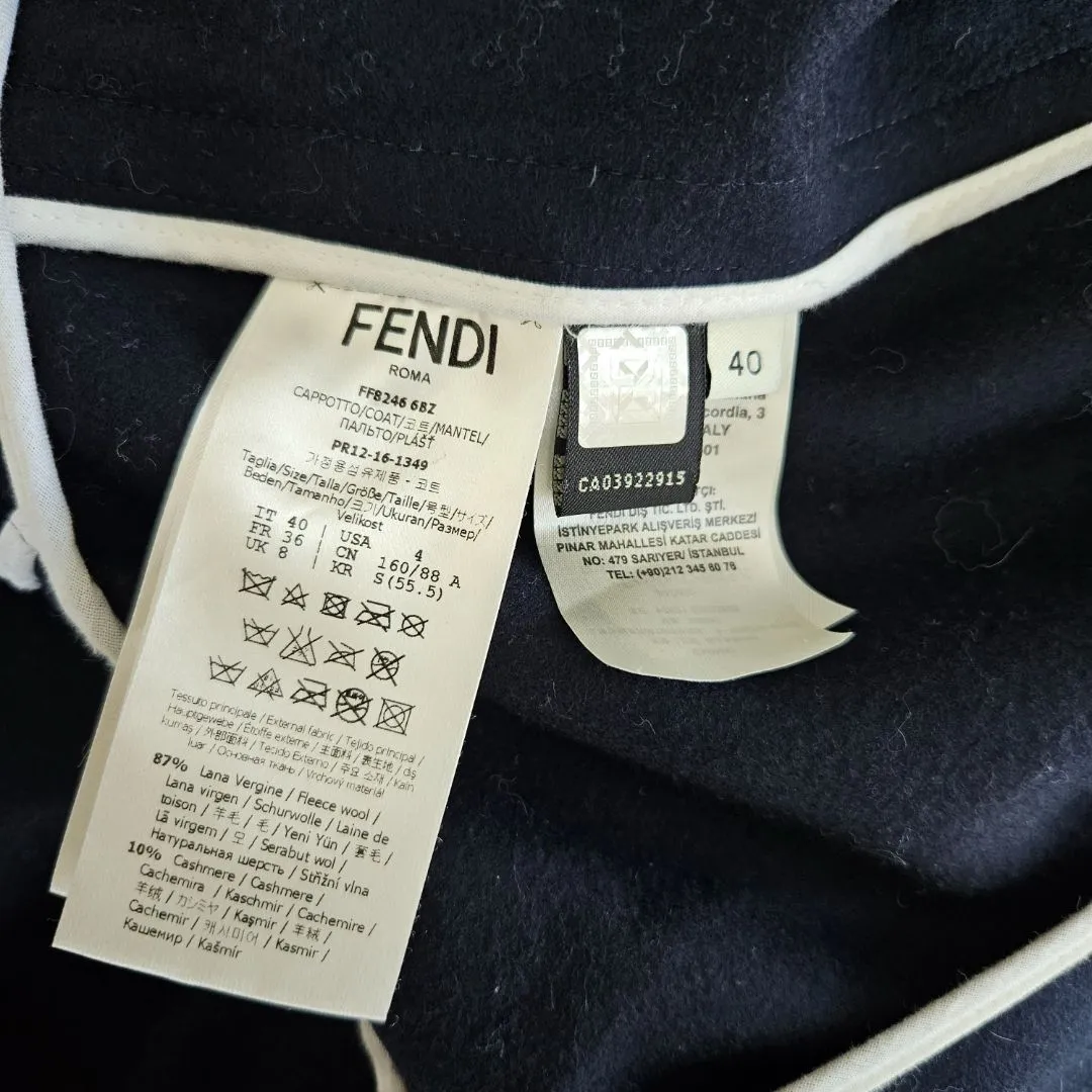 Fendi Fox Fur Collar Coat in Navy Blue Lana Vergine