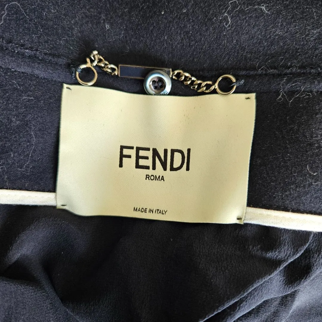 Fendi Fox Fur Collar Coat in Navy Blue Lana Vergine