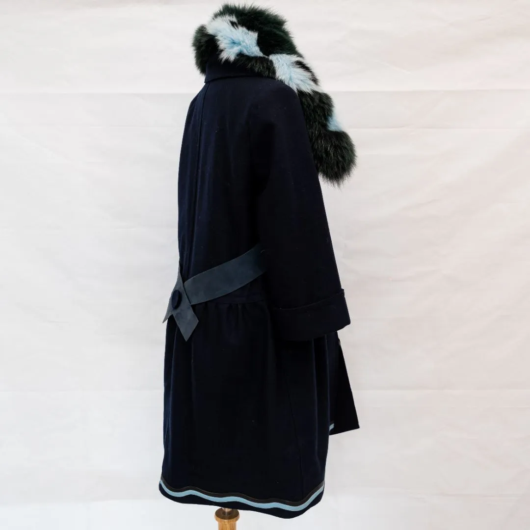 Fendi Fox Fur Collar Coat in Navy Blue Lana Vergine