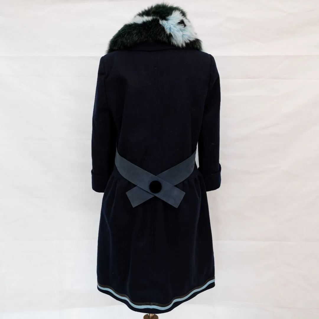 Fendi Fox Fur Collar Coat in Navy Blue Lana Vergine