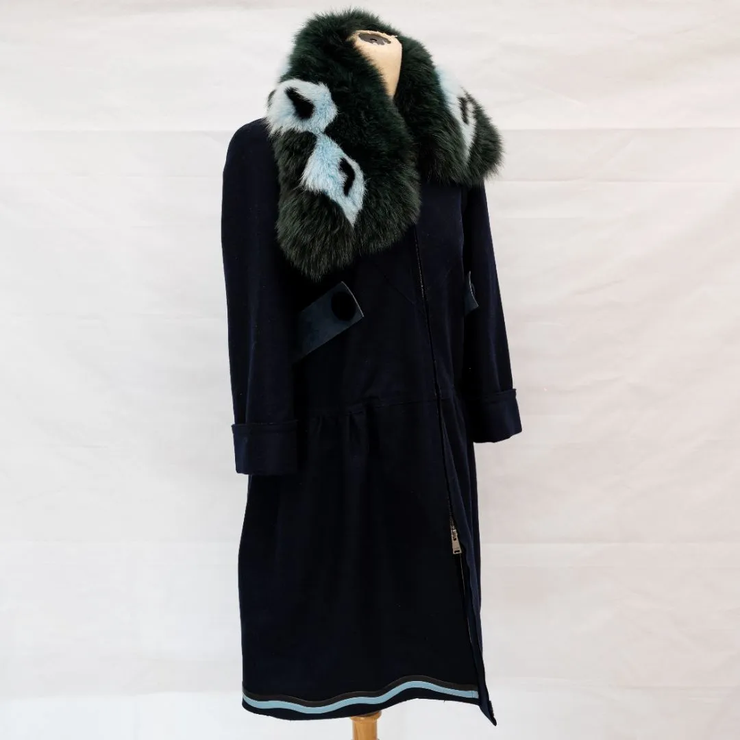 Fendi Fox Fur Collar Coat in Navy Blue Lana Vergine