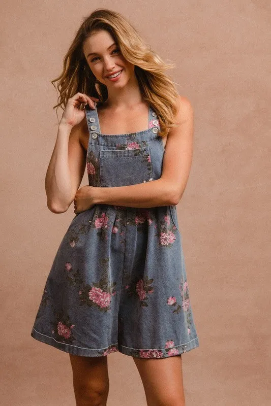 Flower Printed Wide Strap Denim Overalls