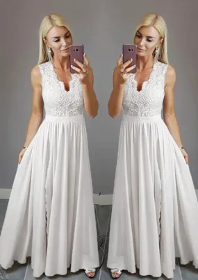 Formal Sleeveless A-line V Neck Slit Ivory Lace Chiffon Evening Dress
