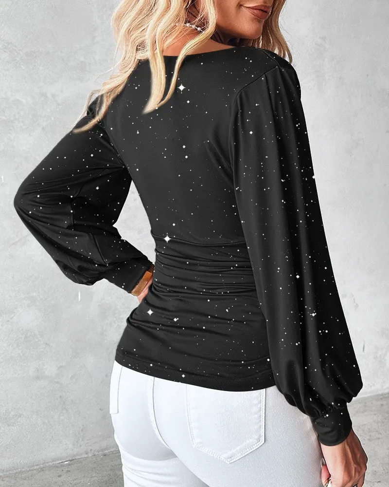 Glitter Cowl Neck Long Sleeve Blouse Ruched Waist Pullover Shirt