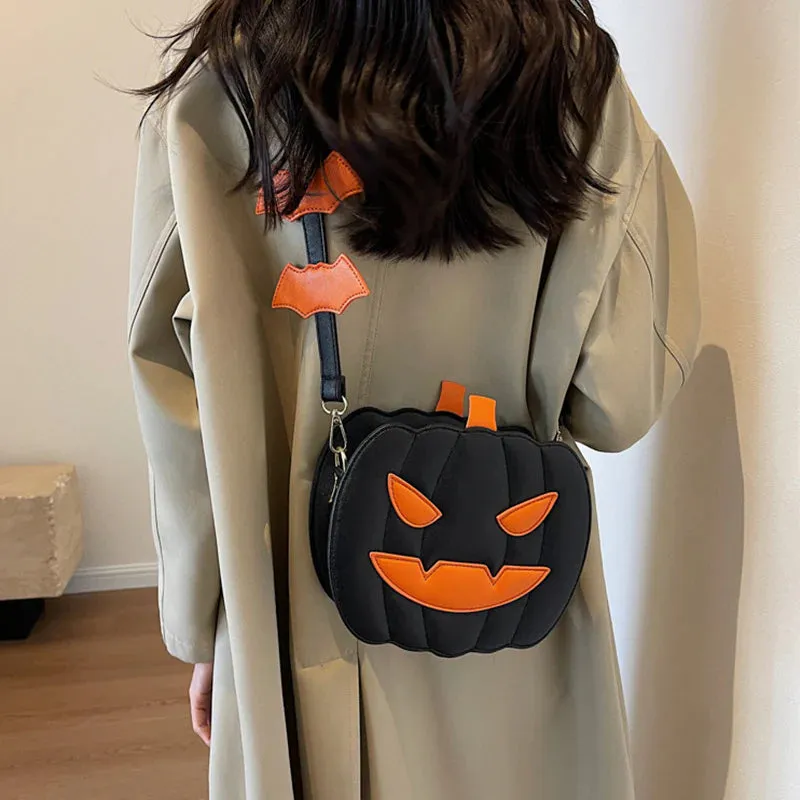 Halloween Bags Funny Pumpkin Cartoon Shoulder Crossbody Bag with Bat Personalized Creative Female Bag
