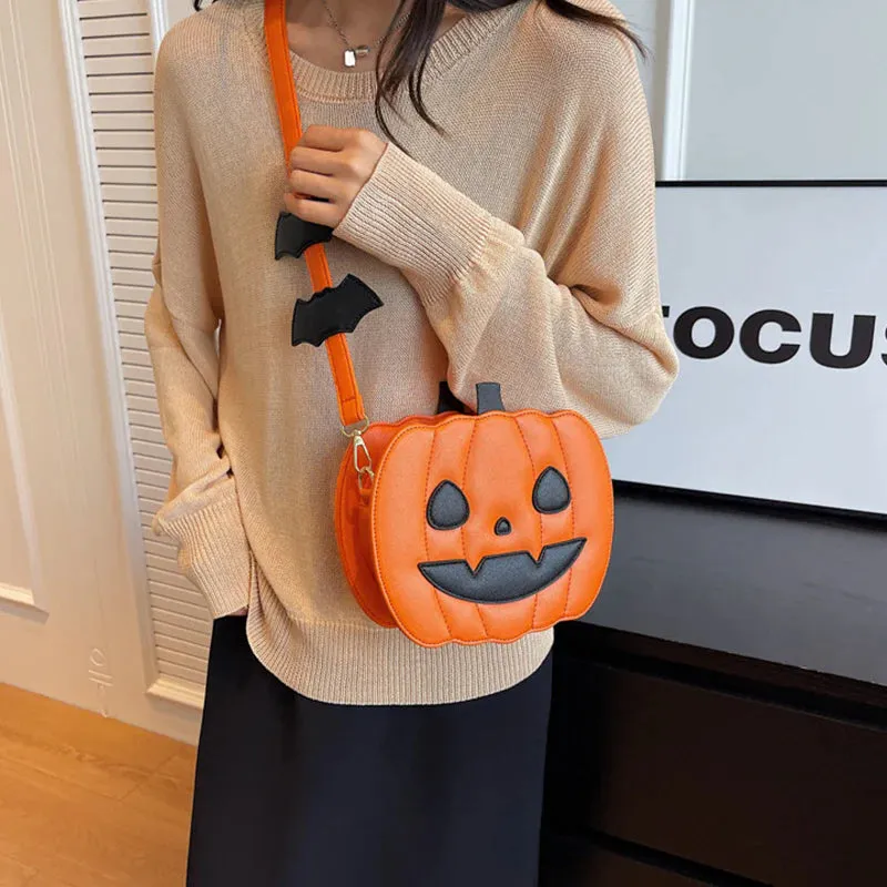 Halloween Bags Funny Pumpkin Cartoon Shoulder Crossbody Bag with Bat Personalized Creative Female Bag