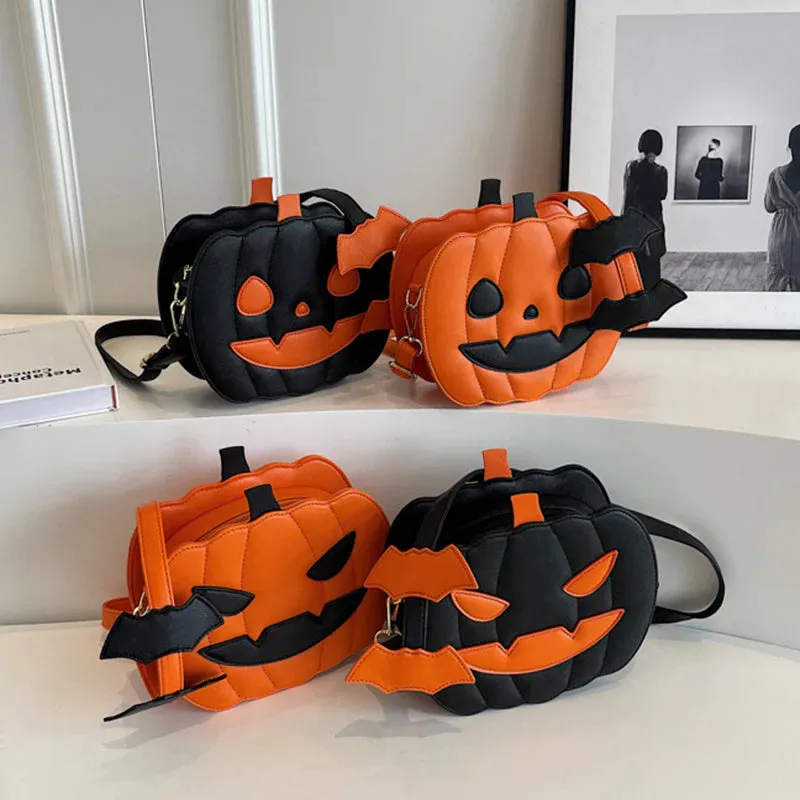 Halloween Bags Funny Pumpkin Cartoon Shoulder Crossbody Bag with Bat Personalized Creative Female Bag