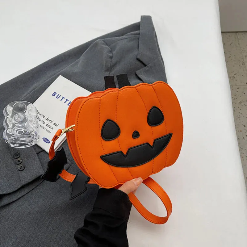 Halloween Bags Funny Pumpkin Cartoon Shoulder Crossbody Bag with Bat Personalized Creative Female Bag