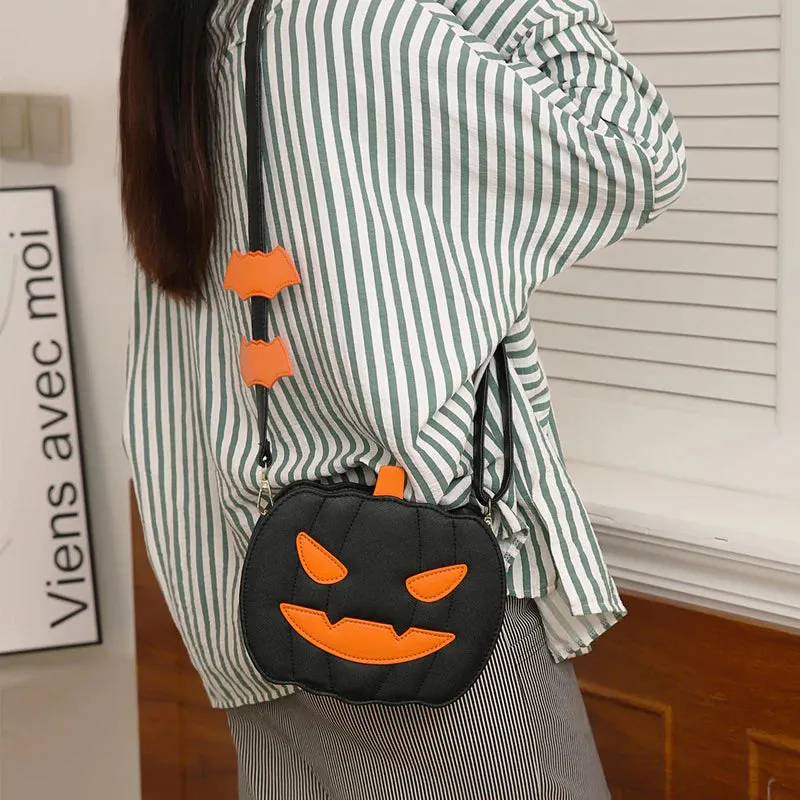 Halloween Bags Funny Pumpkin Cartoon Shoulder Crossbody Bag with Bat Personalized Creative Female Bag