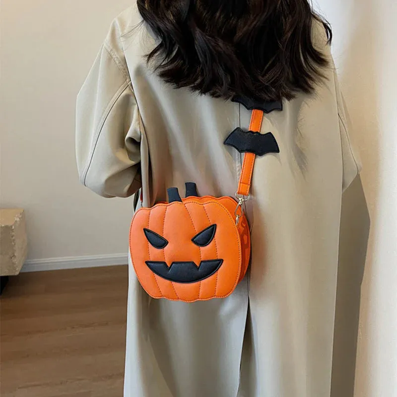 Halloween Bags Funny Pumpkin Cartoon Shoulder Crossbody Bag with Bat Personalized Creative Female Bag