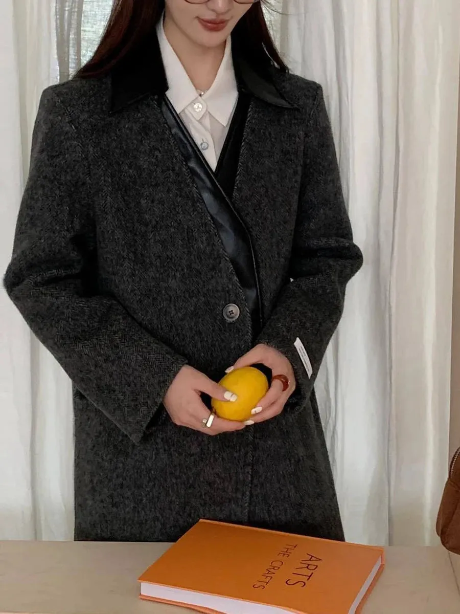 Hit Color Spliced Leather Trench For Women Lapel Long Sleeve Patchwork Pockets Coats Female Fashion Style Clothes