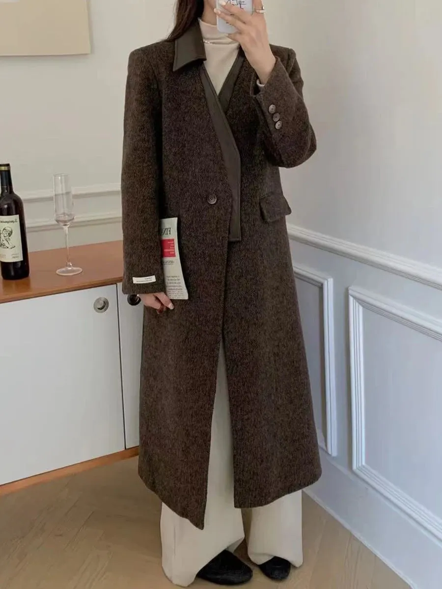 Hit Color Spliced Leather Trench For Women Lapel Long Sleeve Patchwork Pockets Coats Female Fashion Style Clothes