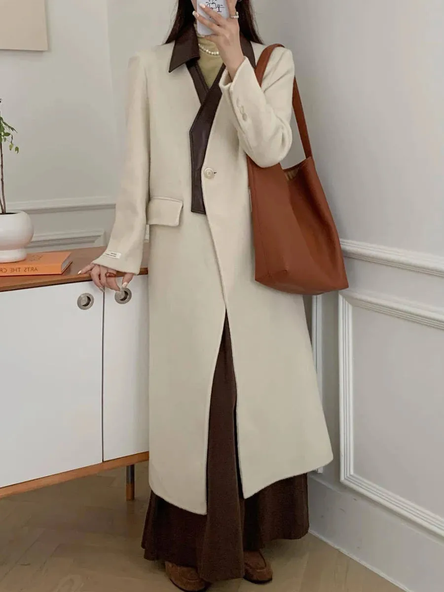 Hit Color Spliced Leather Trench For Women Lapel Long Sleeve Patchwork Pockets Coats Female Fashion Style Clothes