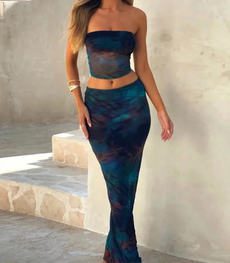 Hnewly Women Sexy 2 Piece Skirt Set Printed Patterns Long Sleeve Crop Top Split Midi Skirts Outfit Y2k Trendy
