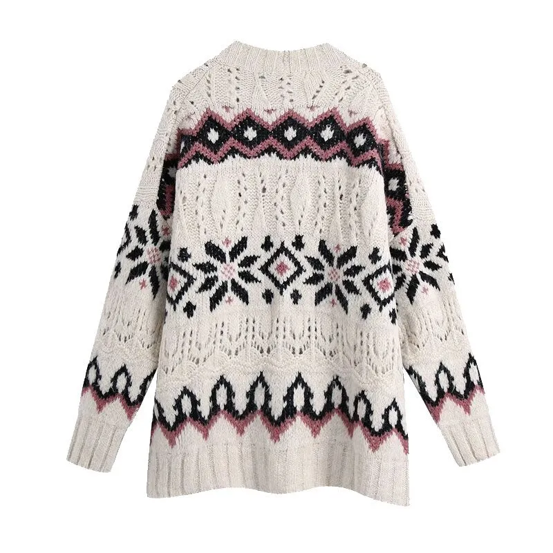 JACQUARD LOOSE CABLE-KNIT CARDIGAN