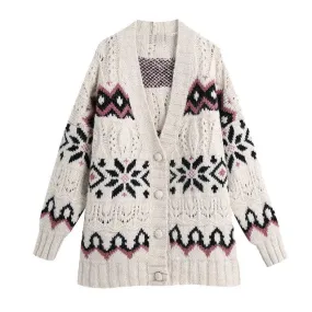 JACQUARD LOOSE CABLE-KNIT CARDIGAN