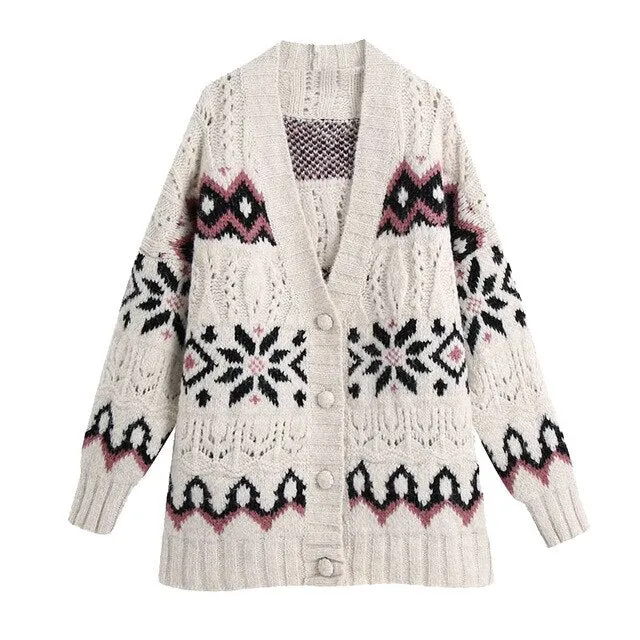 JACQUARD LOOSE CABLE-KNIT CARDIGAN