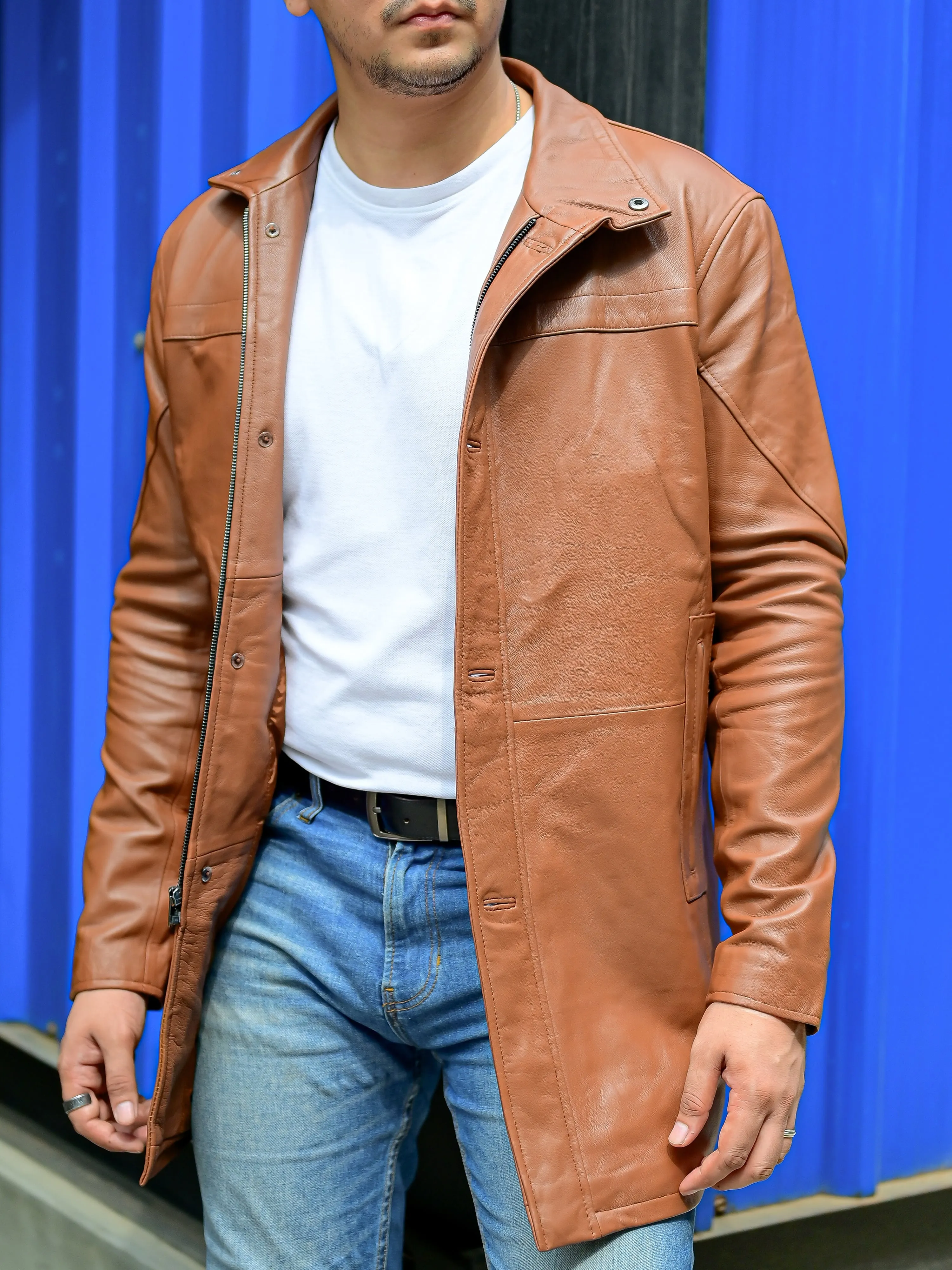 Jild 3/4 Length Trench Leather Car Coats for Men