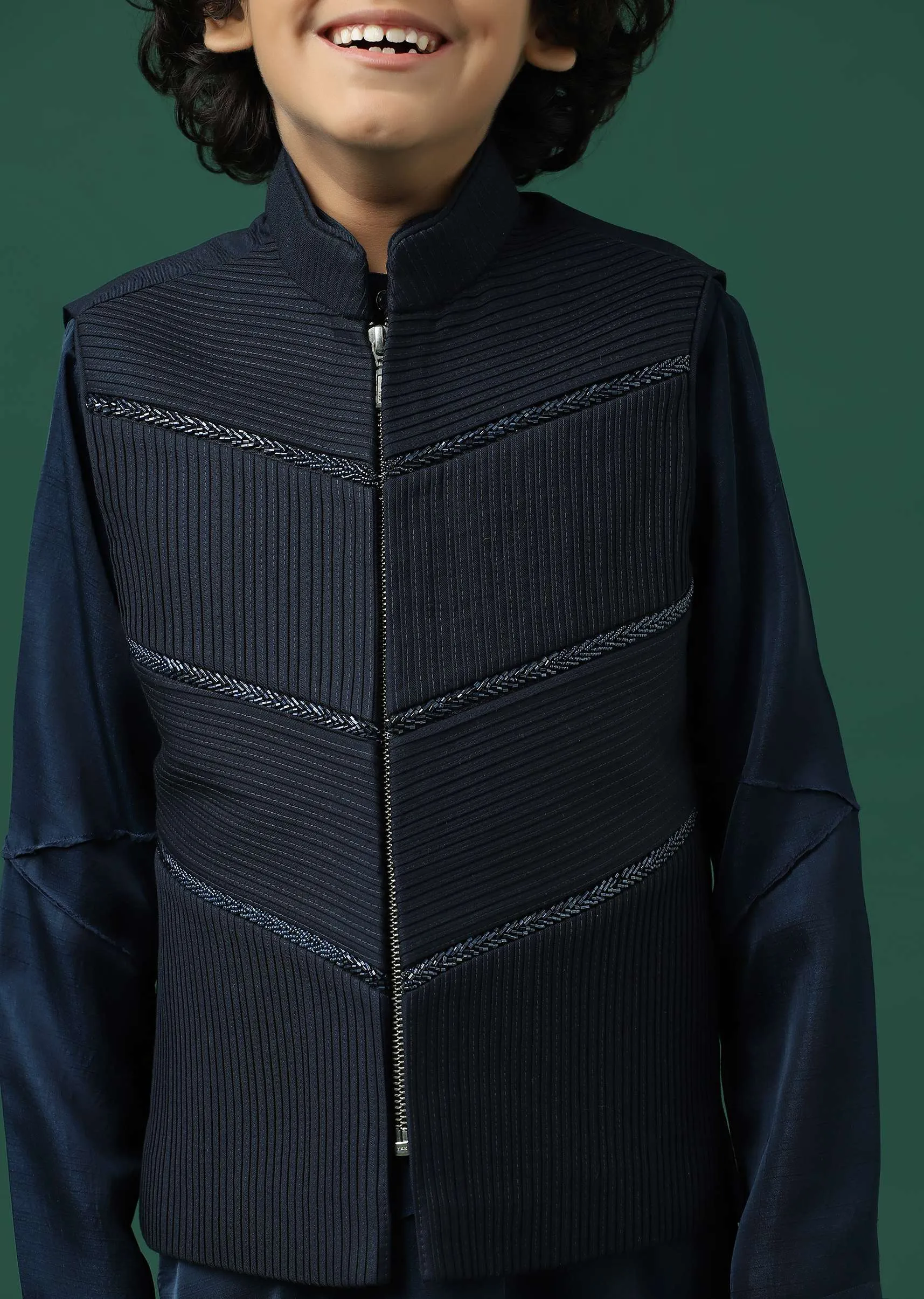 Kalki Navy Blue Kurta Jacket Set In Silk With Embroidery For Boys