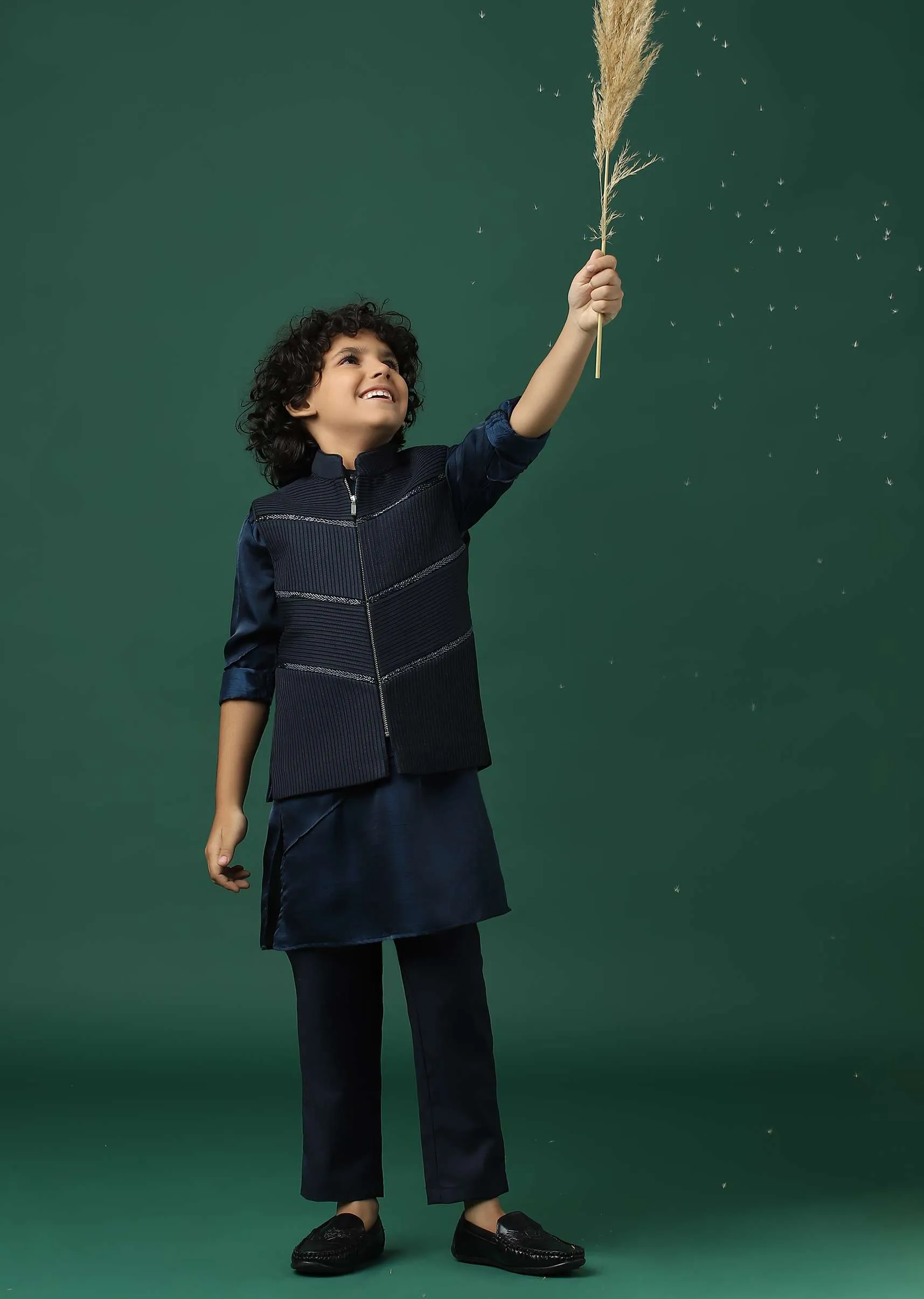 Kalki Navy Blue Kurta Jacket Set In Silk With Embroidery For Boys