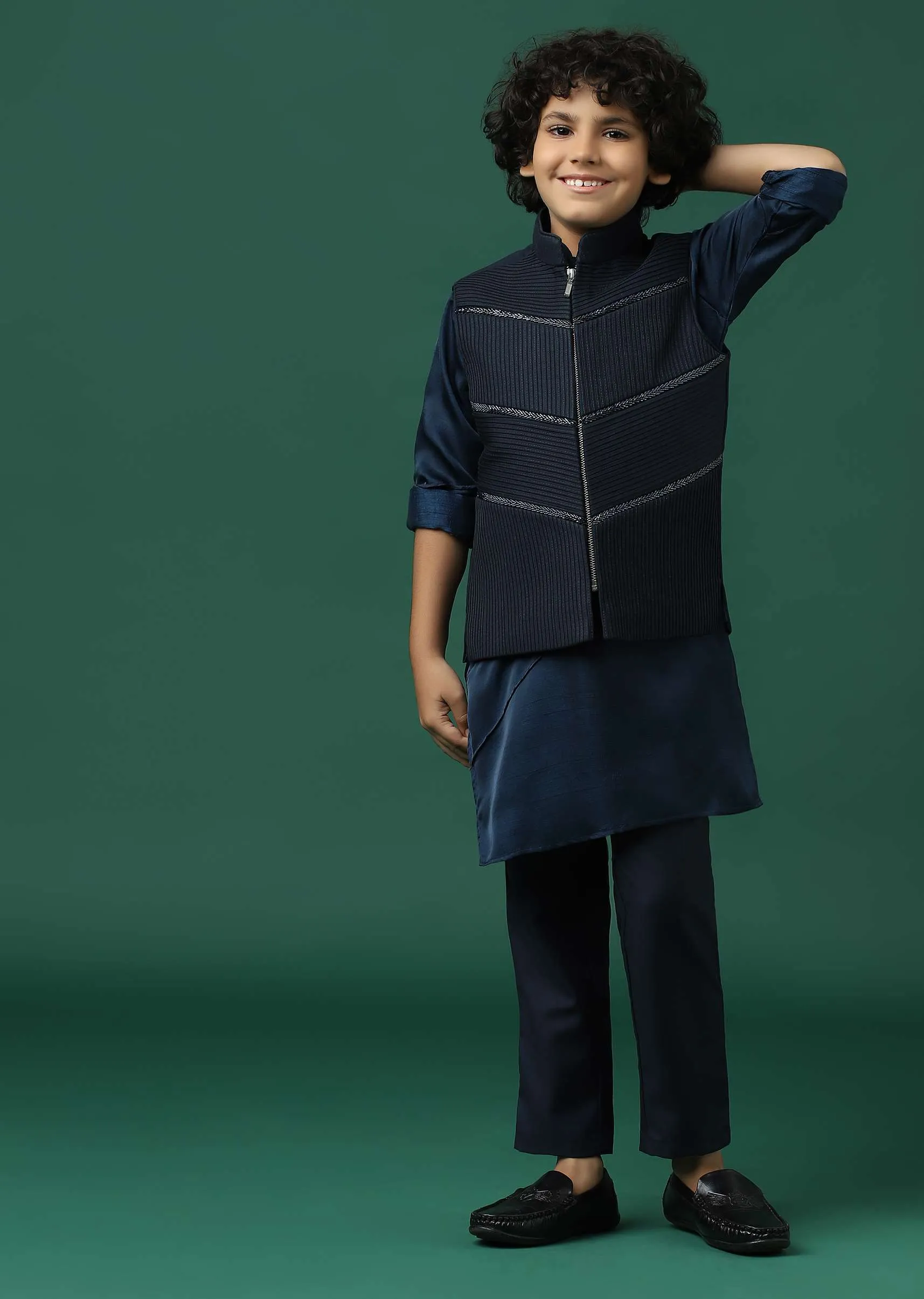 Kalki Navy Blue Kurta Jacket Set In Silk With Embroidery For Boys