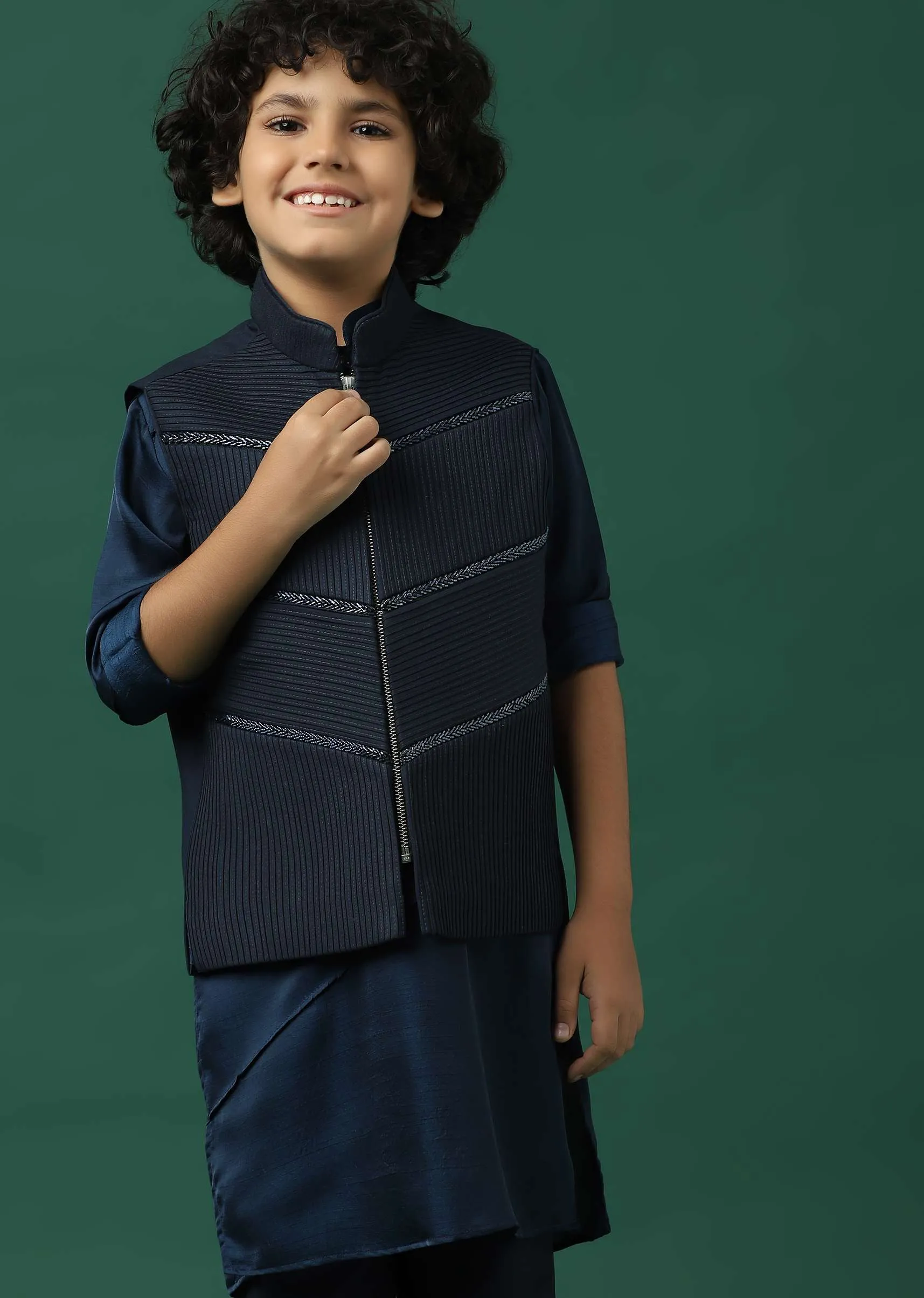 Kalki Navy Blue Kurta Jacket Set In Silk With Embroidery For Boys