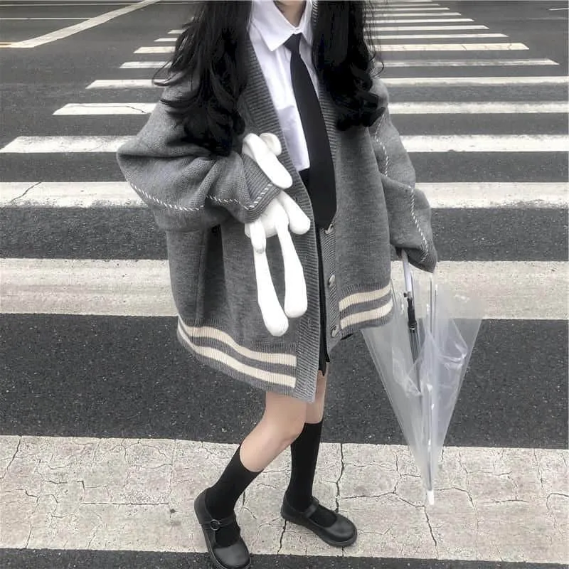Kawaii Single-breasted Stripes Loose Coats