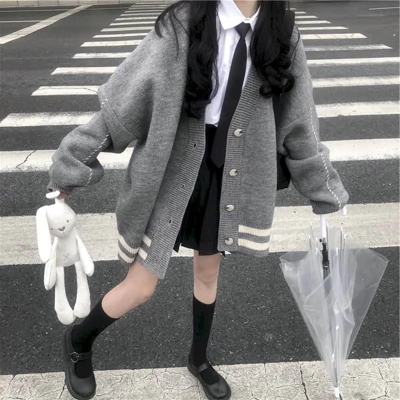 Kawaii Single-breasted Stripes Loose Coats