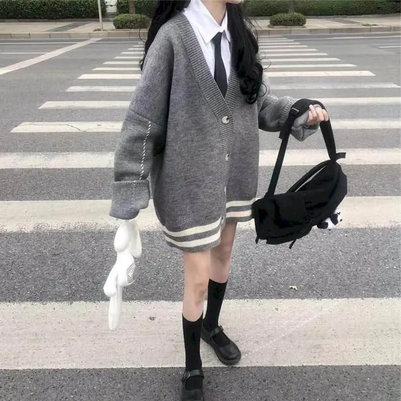 Kawaii Single-breasted Stripes Loose Coats