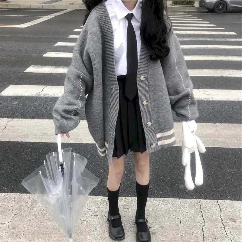 Kawaii Single-breasted Stripes Loose Coats