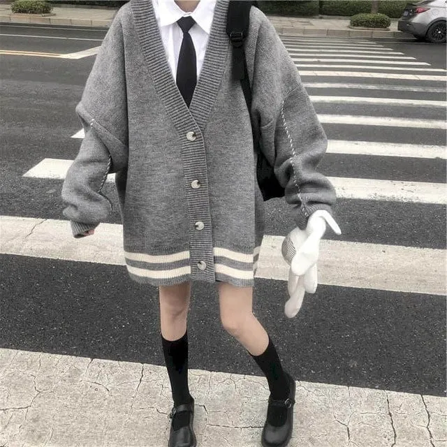 Kawaii Single-breasted Stripes Loose Coats
