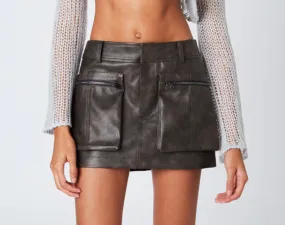 Mid Rise Faux Leather Cargo Skirt