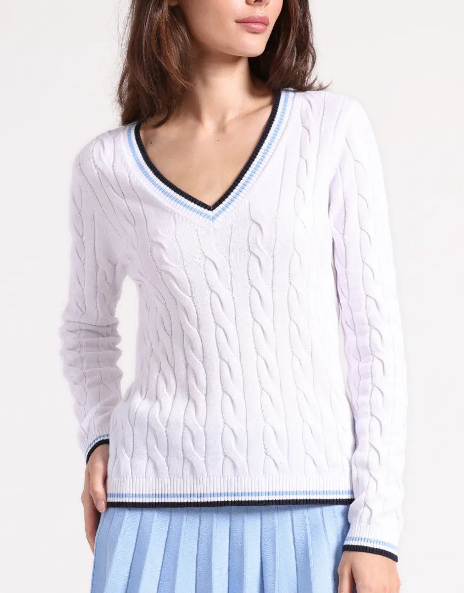 Minnie Rose - Cotton Sporty Cable Knit V-Neck