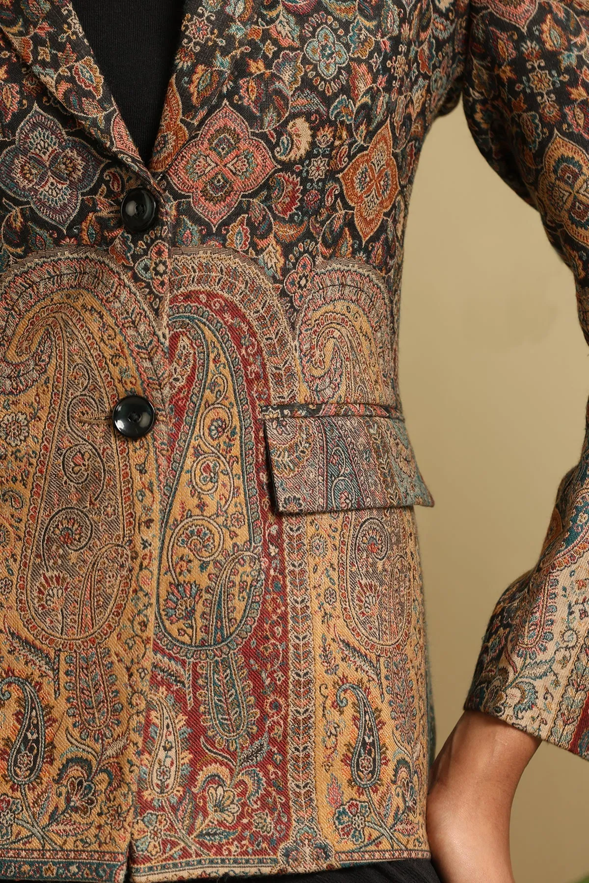 Multicolor Fine Wool Silk Full Jacket for Women with Paisley Design | Made To Order